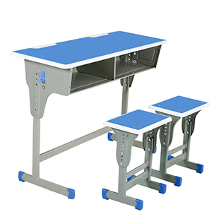 雙人木桌面雙柱方凳課桌椅-藍白套